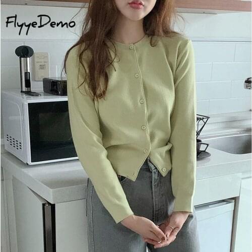 High Quality Womens Casual Knitted Cardigan Korea Fashion Female Green Sweater Autumn Soft O Neck Single Breasted Outwears