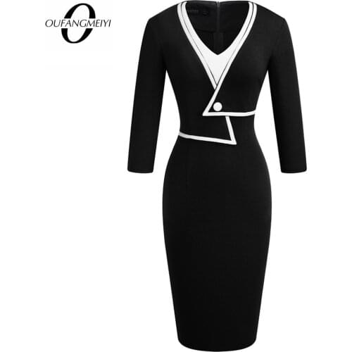 Women Brief Patchwork Button Elegant V-Neck Office Lady Bodycon Pencil Dress EB413