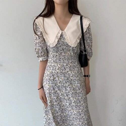 ZCSMLL pointed collar wooden ear stitching slim vestido puff sleeve small floral dress female Korean 2021 spring summer