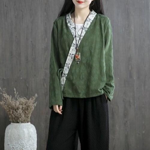 2021 Woman Traditional Chinese Clothing Top Retro Cotton Hanfu Top Women Tops Elegant Oriental Tang Suit Chinese Blouse 11546
