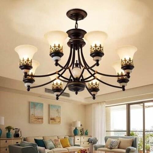 American Vintage Chandeliers For Living Room Decoration Home Lighting E27 Led Lamp Black Wrought Iron White Glass Lampshade