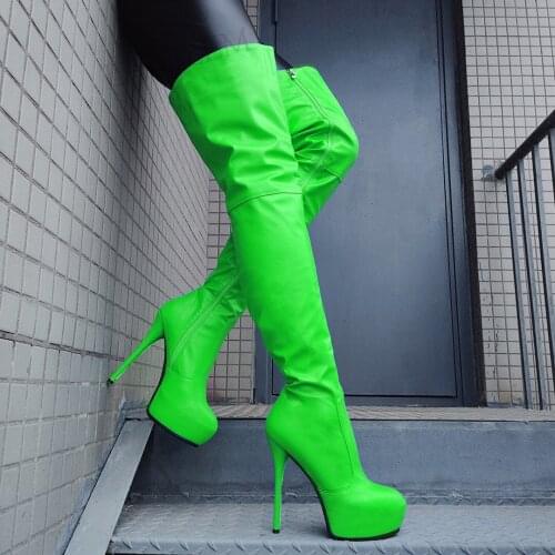 BERZIMER Women Thigh High Heels Boots Faux Leather Platform Round Toe Party Prom Side Zip Up Shoes Woman Big Size 42 44 48 52