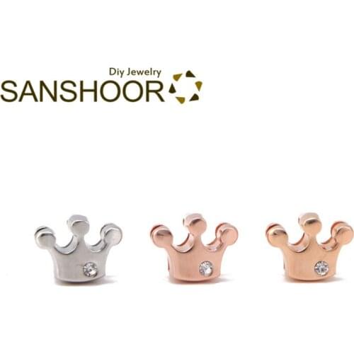SANSHOOR Cute Crown With Rhinestone 8mm Bracelet Slide Charms Fit DIY Wrap Leather Wristband Belts For Women Toddler Childs 6Pcs