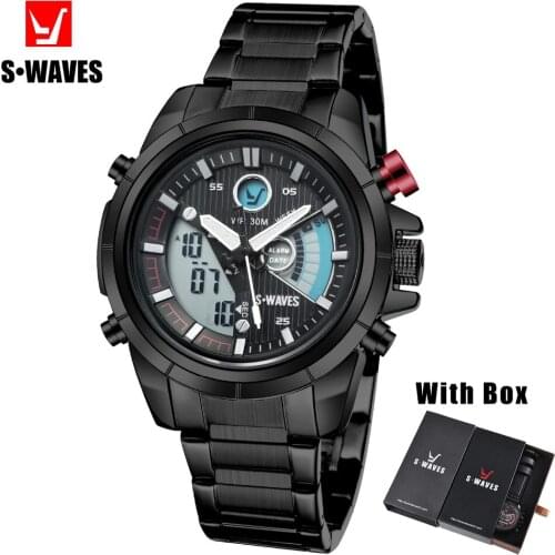 SWAVES Dual Display Wristwatch Mens LCD Man Watches Military Luxury Alarm Date Waterproof Stainless Steel Mens Watch with Box