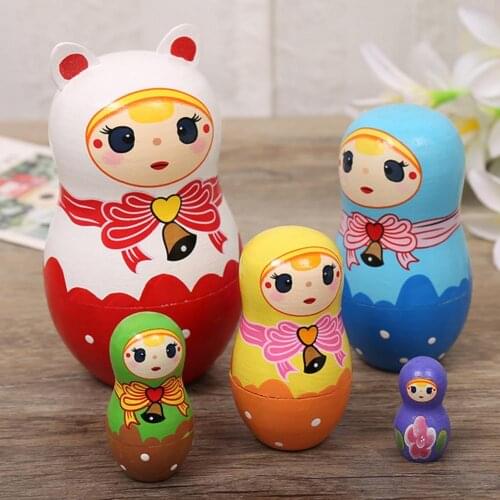 5Pcs/Set Wooden Bow-Knot Bell Flower Girl Nesting Doll Matryoshka Figurines Toy Home Decor Desktop Ornament Gift