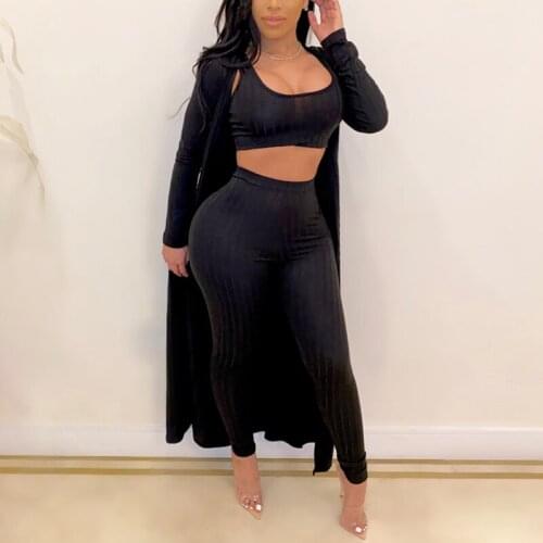 Women 3 Piece Matching Set Tank Crop Top+Pencil Pant+Maxi Open Stitch Cardigans Casual Ribbed Lounge Set Three Piece Outfits