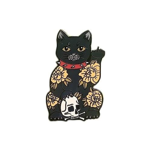 Lucky cat with skull and flowers hard enamel pin