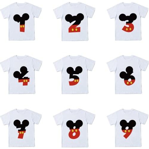 Happy Birthday Mickey Mouse Number 1~9th Cartoon T Shirt for Girls Kids Clothes Boys Graphic T Shirts Children Clothing