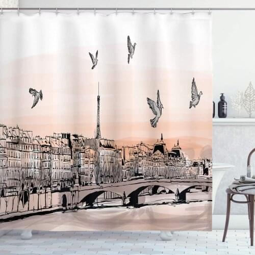 Landscape Shower Curtain Panorama Sketch Art Sunset View of Paris from Pont Des Arts with Pigeons River Bathroom Decor Set