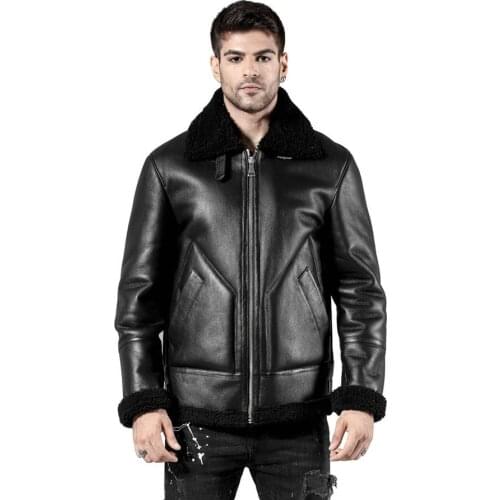 Best selling Black Sheepskin Coat Men Real Fur Overcoat Autumn Winter Casual Bomber Jacket Shearling Coat