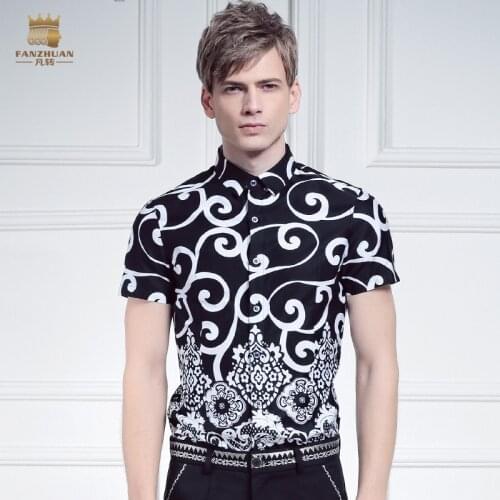 Free shipping fanzhuan mens male casual fashion short sleeved cotton shirt slim volume grass grain black white printing 612051