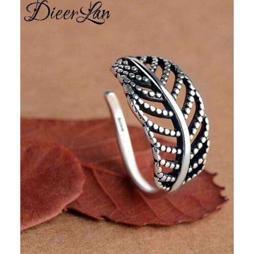 Personality Fashion Vintage Silver Color Leaf Rings For Women Punk Thai Silver Resizable Rings