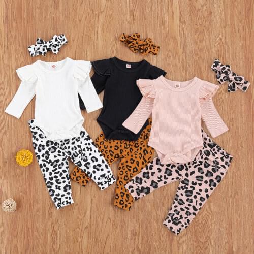 0-18M Autumn Baby Girls Ribbed Clothes Set Solid Color Flying Sleeve Jumpsuit and Leopard Trousers with Headband 3pcs Outfit