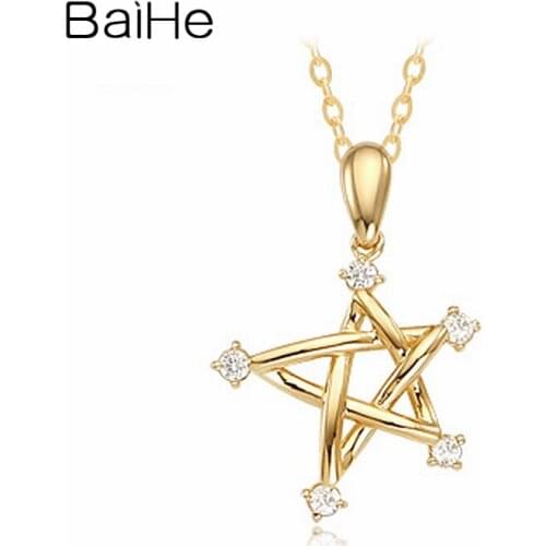 BAIHE Solid 18K Yellow Gold 0.17ct Round H/SI Natural Diamond Women Wedding Fine Jewelry Beautiful diamond Pendant star Necklace