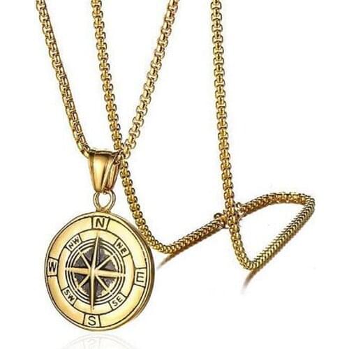 Necklace For Men Women Punk Gothic Jewelry Gold Black Silver Color Viking Compass Round Coin Pendant