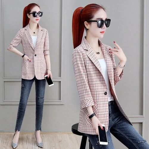 2021New Fashion lattice Women Blazer Coat Spring Summer Retro Casual Office Slim Female Jacket Seven points Sleeve Suit Jacket