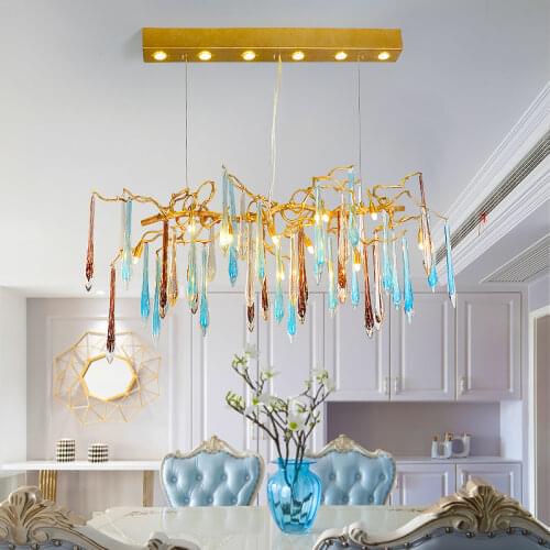 Postmodern Light Luxury Color Water Drop Crystal Living Room Chandelier Villa Bedroom European Retro All Copper Branch Chandelie