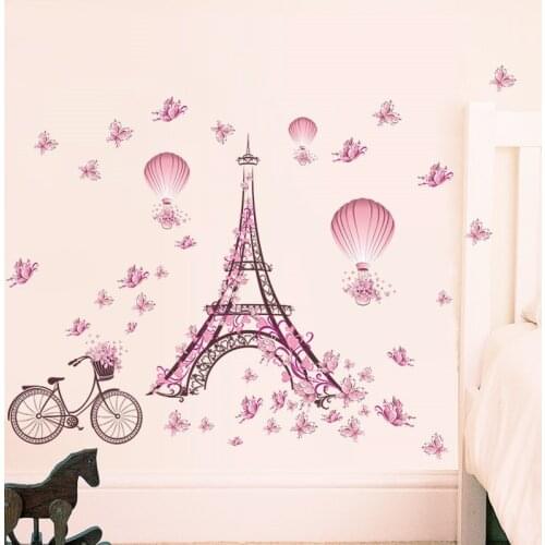Romantic Eiffel Tower Love Couple Wall Stickers Decals Living Room Decoration Bicycle Flower Hot Air Balloon Wedding Decoration