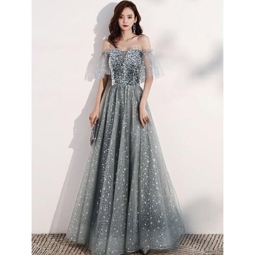 Luxury Sequin birthday Dresses Long 2020 Elegant Off Shoulder Floor-Length Shiny Prom Gowns Summer Short Sleeve Dress Party Club