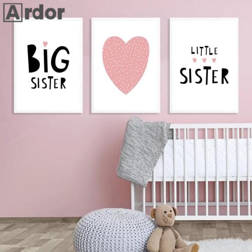 Nordic Pink Heart Wall Art Poster Big Sister Quotes Art Print Baby Nursery Canvas Painting Abstract Picture Kids Girl Home Decor