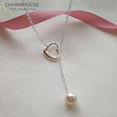 Sterling Silver Necklaces For Women Heart Freshwater Pearl Pendant & Necklace Collier Femme Choker Wedding Bridal Jewelry Gifts