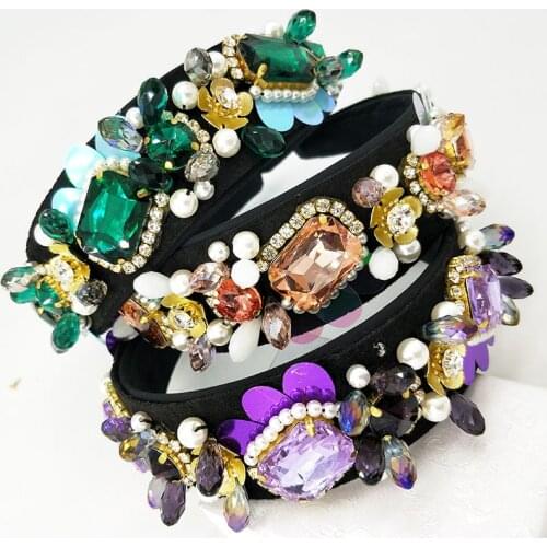 Wedding jewelry wide headband Womens vintage handmade faux pearl rhinestones Beading hairband light Sequin girly bow headwear