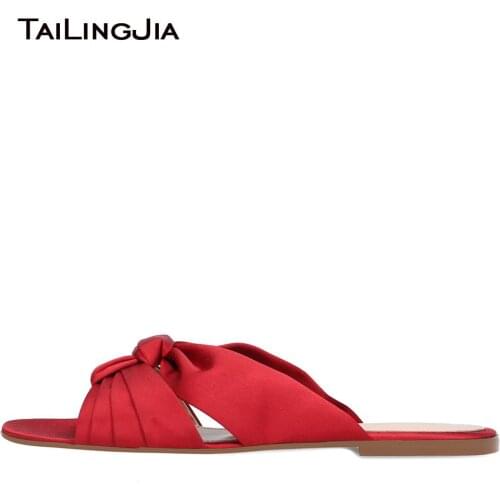 Red Satin Knotted Beach Shoes Women Open Toe Flat Sandals Vacation Shoes Ladies Summer Slides Casual Shoes Large Size 2018