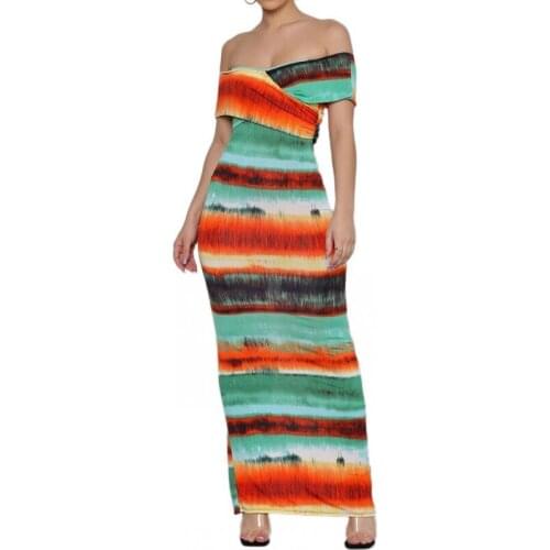 Fashion Contrasting Color Strapless Women Bodycon Dress Summer Sexy Night Club Party Off Shoulder Hem Split Long Dress Vestidos