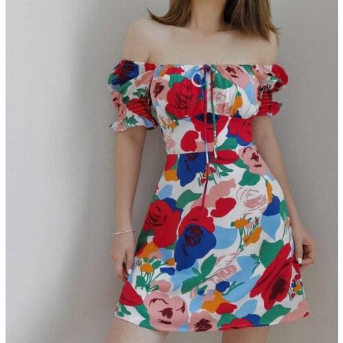 WOMENGAGA Retro Square Collar Bow Tie Colorful Print Elastic Waist Short Sleeved Dress For Women Fshion 2020 Mini Dresses NV4Y