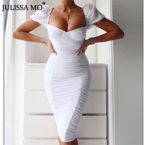 JULISSA MO White Strapless Sexy Bodycon Dress Women Puff Sleeve Summer Pleated Long Dresses Elegant Skinny Night Party Vestidos