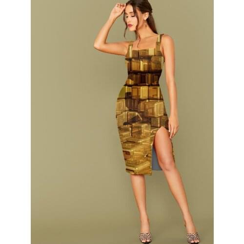 3D Dress Abstract Dress Women Psychedelic Bodycon Dress Golden Side Slit Dresses Women Party Vintage Boho Fashion