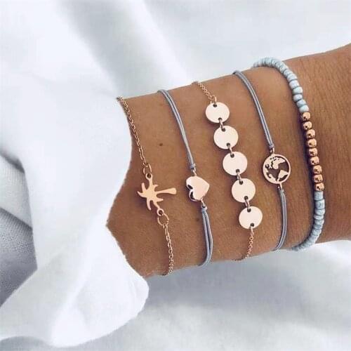 5 Pcs/ Set Fashion Heart Map Charm Bracelet Set For Women Bohemian Sequin Beads Rope Chain Bracelets Bangles Party Jewelry