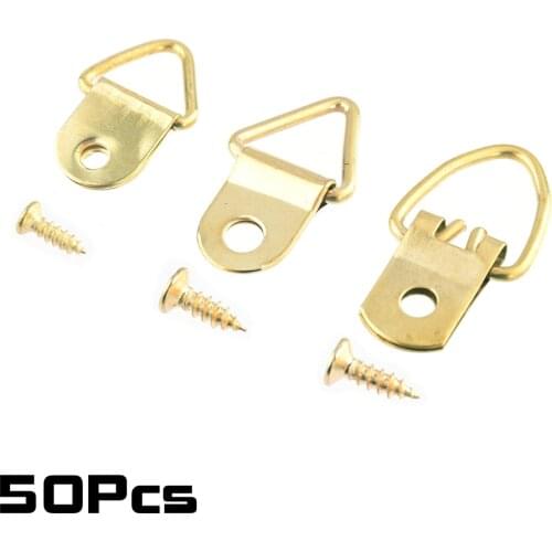 50pcs Golden Triangle D-Ring Strap Hanger Oil Painting Mirror Picture Hanging Photo Wall Hook with screws Frame Art Hanger Work