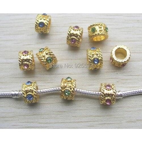 Free shipping 30pcs 12mm gold color alloy beads with colorful rhinestone fit European DIY bracelet jewelry