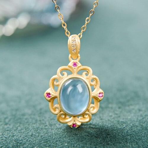 Silver natural chalcedony Pendant Necklace Chinese style retro palace small crowd design charming womens brand jewelry