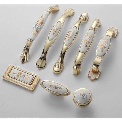 Europe Furniture Cabinet Drawer Wardrobe Handle Knob Gold Ceramic Metal Flowers For House Home Hotel Room