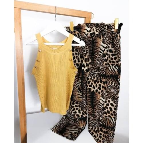 FOCUSNORM Summer Fashion Girls Clothes Sets 1-6Y Solid Sleeveless Button Vest Tops Leopard Long Pants 2pcs