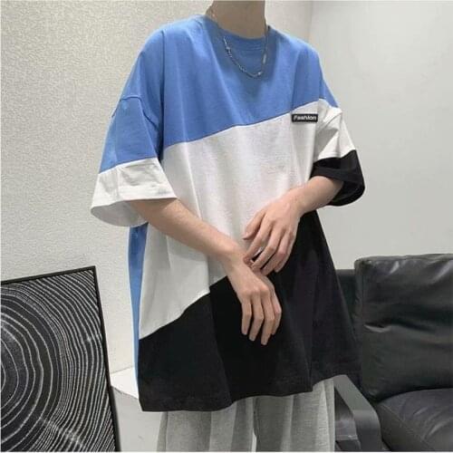 Summer new T-shirts Men Three-color stitching short-sleeved T-shirt male casual Oversized tops Korean Fashion Man clothing