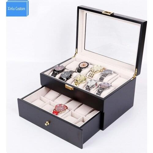 Collection Wood Finish Watch Case Display Storage Watch Box Chest With Glass Clear Viewing Top Holds 20 Watches 2 Layer Storage