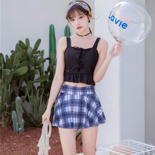 Bikini Sets Women Plaid Ruffles Ruched Swimsuit Backless Preppy Style Students Safety Lace Up Sweet Swimwear Summer Beach Sexy