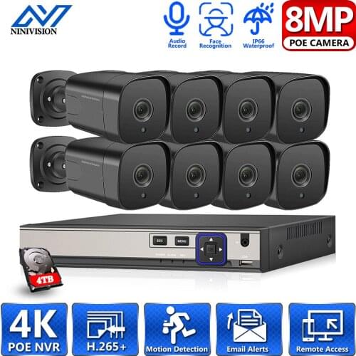 NINIVISION 4K CCTV Video Surveillance Kit 8CH POE NVR 3840*2160 8MP IP66 Outdoor POE IP Cameras H.265 Security Camera System Set
