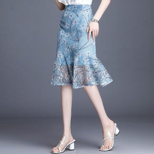 2021 Summer Women Elegant Blue High-waist Lace Floral Ruffled Bag Hip Fishtail Skirt One-step Skirts Office Ladies Femmel Y614
