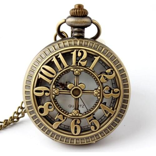 Fashion Vintage Bronze Hollow Cross and Digital Pocket Watch Steampunk Necklace Pendant Pocket Watch for men and women Gift P203