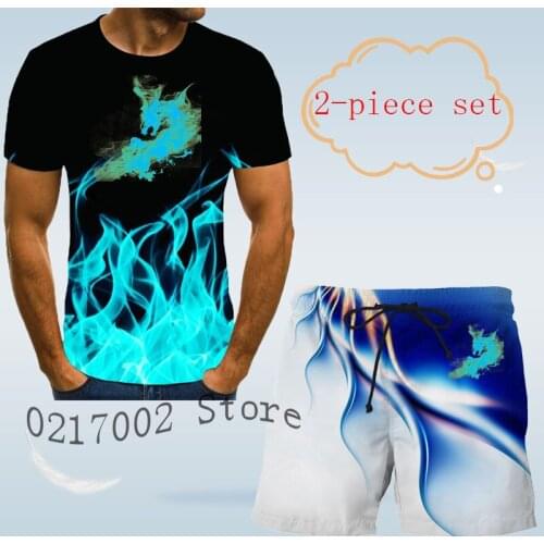 Summer flame dragon 3D t-shirt mens short sleeve Shorts Set mesh o collar sportswear brand running fitness training clothes