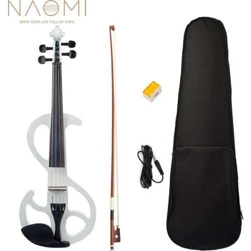 NAOMI Silent Electric Solid Wood Violin White Set w/ Canvas Violin Case+Brazilwood Bow+Audio Cable+Rosin+ Headphone