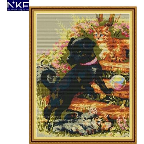NKF Black Dog and Cat Cross Stitch Set Handmade Craft Needlework Cross-Stitch Embroidery Kit Cross Stitch for Home Decor