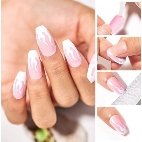 24pcs Black Flame Fake Nails Extra Long Coffin Ballet False Nails With Glue Press on Nails Full Cover French Nail Tips Nail Ar