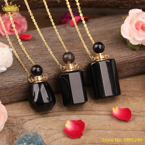 Natural Black Agates Stones Faceted Column Square Perfume Bottle Pendant Necklace Women Onyx Stone Gold Chains Necklace Jewelry
