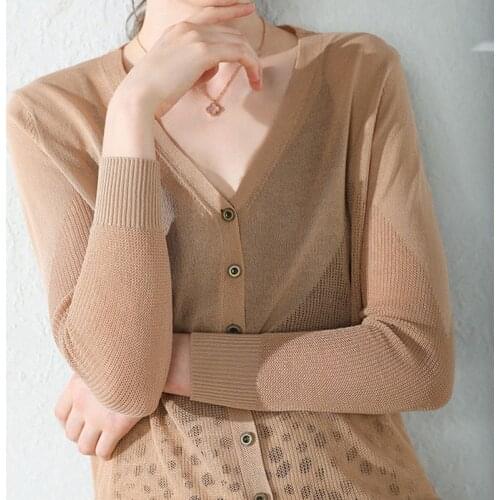 2020 New Spring Summer Thin Knit Cardigan Women Loose Hollow Knit Coat Long Sleeve V-neck Female Sweater XZ750