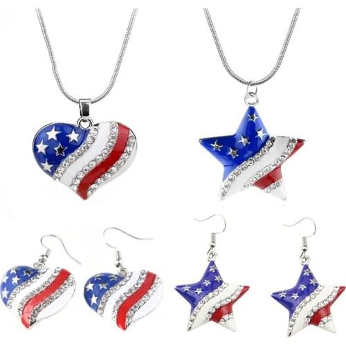 New Arrival Heart Crystal Pendant Necklace Fashion Star Shape American Flag Necklaces For Women Patriotic Jewelry Gifts